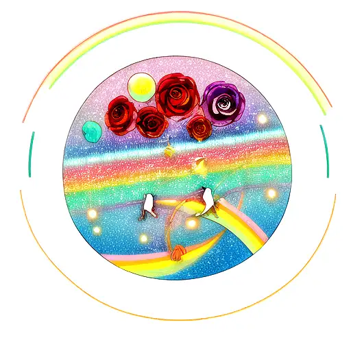 A Cosmic Scene With A Moon Made Of Harp Guitar Strings Surrounded By Rainbow-colored Roses
