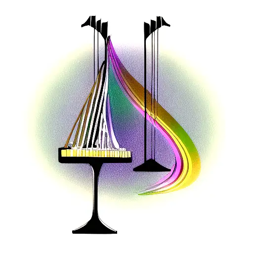 A Minimalist Design Of A Harp Guitar And Piano Keys Forming A Rainbow Shape