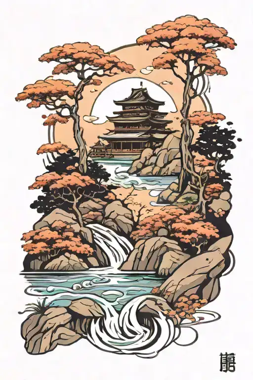 Japanese Style Landscape With Water And Trees