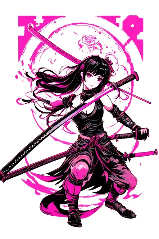 Black & Pink Anime Girl Playing With Katanas