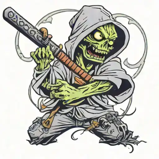 A Zombie In A Cap And Hoodie And A Katana On His Shoulder Tattoo