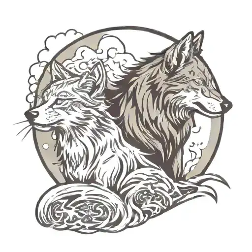 Cat And Wolf Howling At The Moon