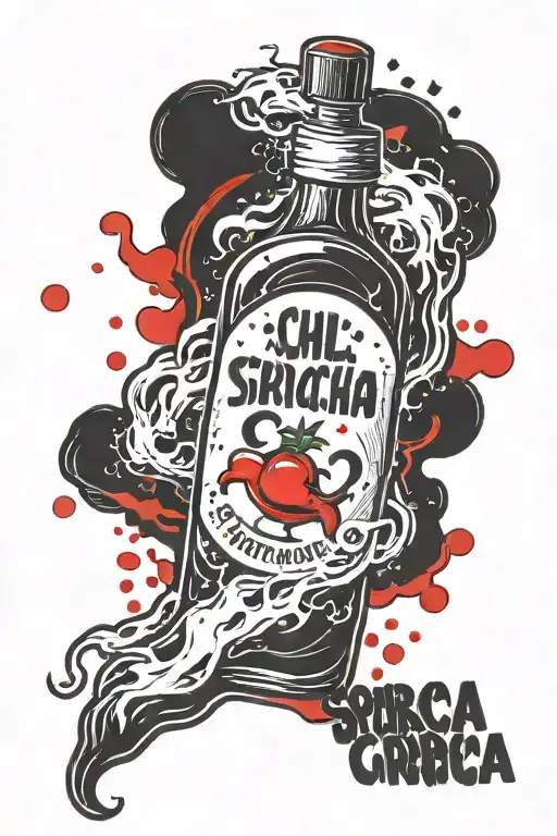 A Bottle Of Sriracha Chili Sauce In Black And White With Red Drops