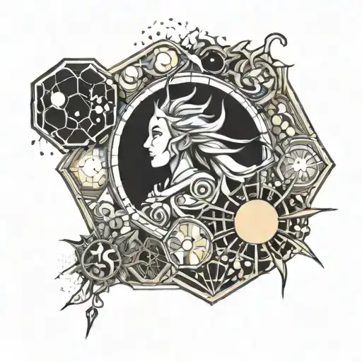 Sun Moon With A Person Behind Hexagon Patern