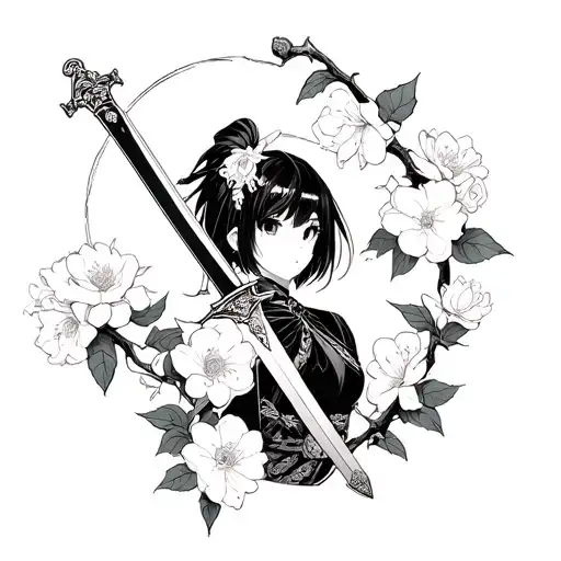 Tsubaki From Soul Eater In Enchanted Sword Mode Surrounded By A Vine Of Camellia Blossoms