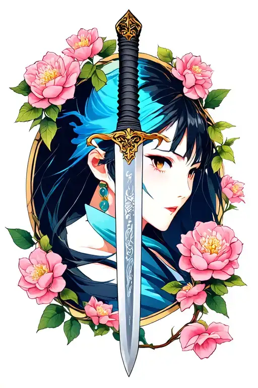 A Kitana Sword With A Camellia Blossom Vine Around It