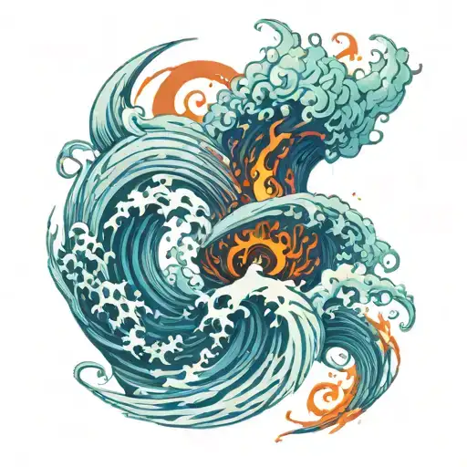 Tornado Created By A Wave And Fire Clashing Together With A Phoenix Coming Out Of It