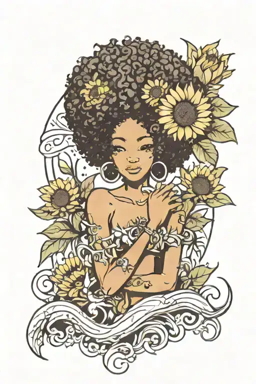 Afro Mermaid Holding Sunflowers