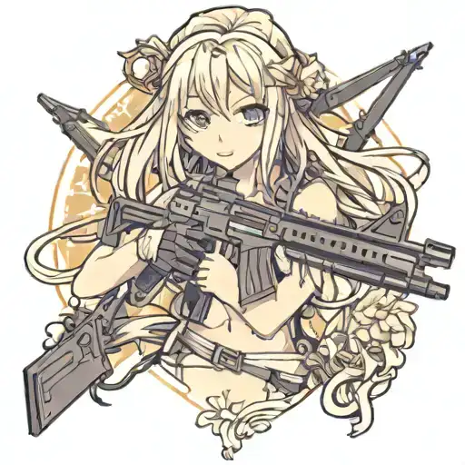 Cute Girl With Long Hair And A Machine Gun In Her Hands