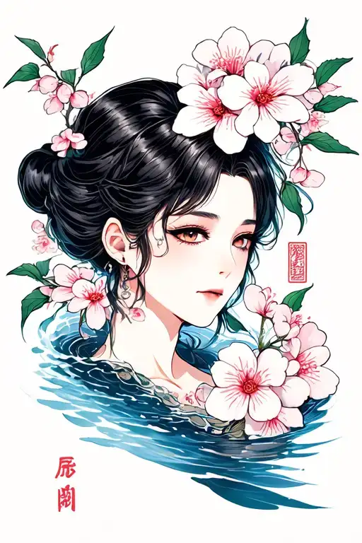 Lines Like Water And Cherry Flowers And Japanese Signs