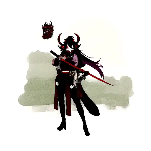 Woman Wearing Oni Mask With Sword And Dragon