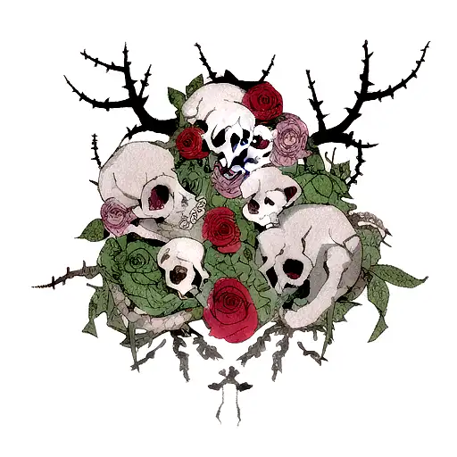 Skull With Roses On The Eyes And Roots And Thorns And A Snake