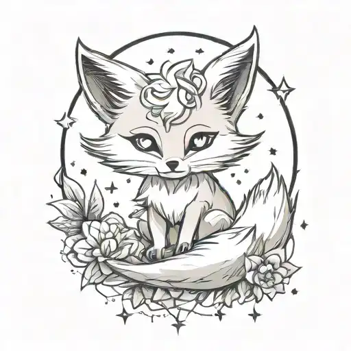 A Baby Fox Kawai With Seven Tails Watching The Sky With Stars