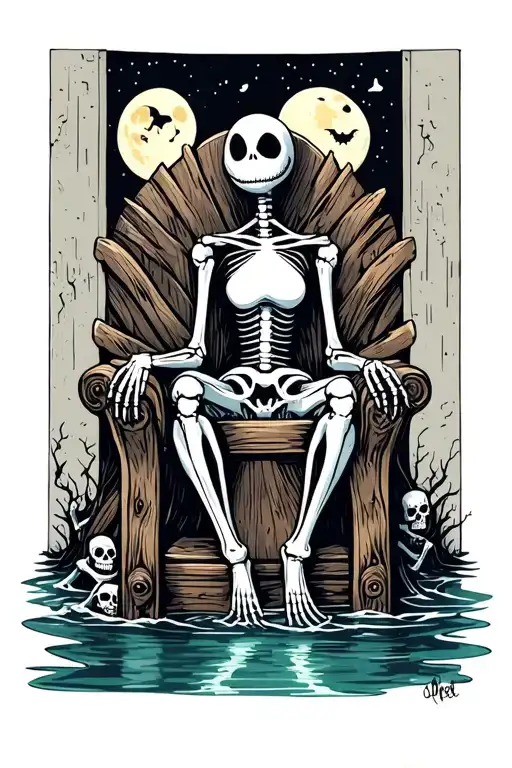 Jack Skellington Sitting In Throne Made Of Skeletons At Night With The Moon And Around Water