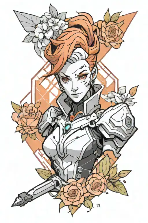 Bust Portrait Of Moira O'deorain From Overwatch 2 With A Geometric And Floral Background