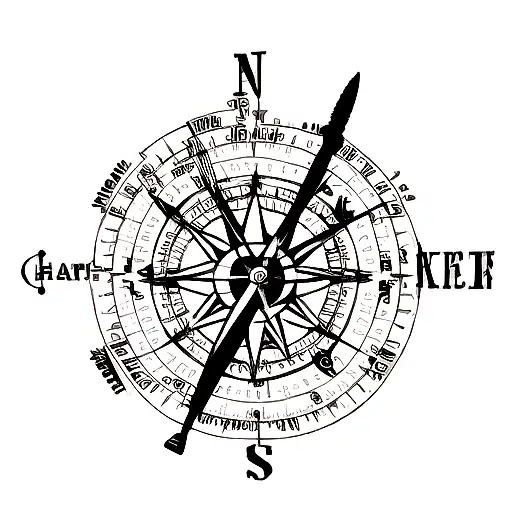 A Black And Grey Tattoo Of A Chef's Knife And A Compass Intertwined
