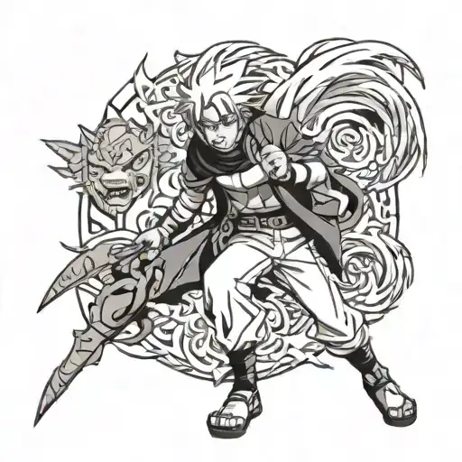 Naruto Shippuden With Angry Face And Full Body With Kurama Lurking In The Background