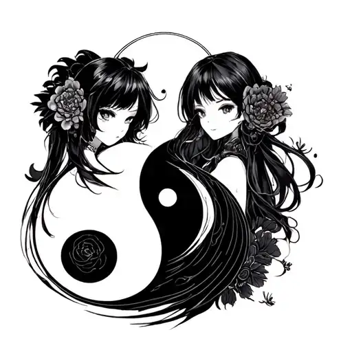 Anime Girls Ying Yang Black