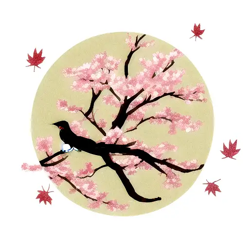 Sakura Branch With Leafs Fallen With A Crow