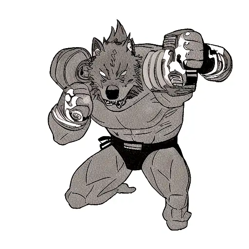 A Black-grey Tattoo Of A Wolf Surrounded By Mma Equipment Like Gloves And A Mouthguard