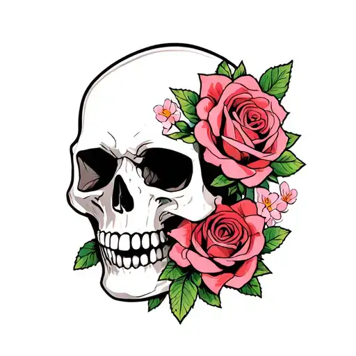 Skull And Roses Blooming