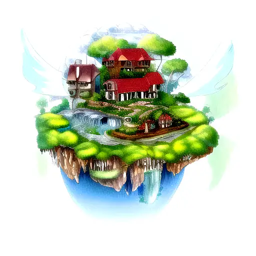 Floating Island With Waterfall And House And Trees And Ghibli Inapired Art