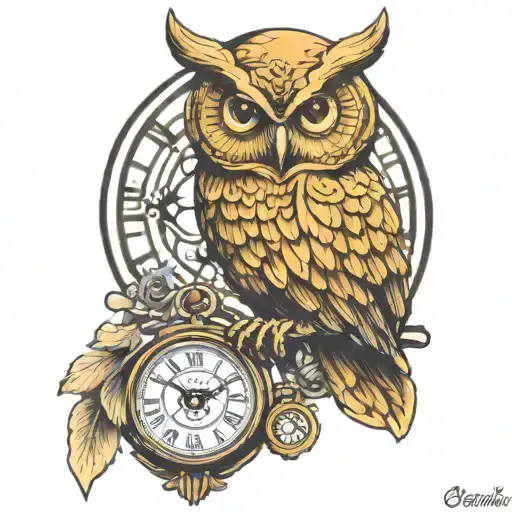 Golden Owl Holding A Clock