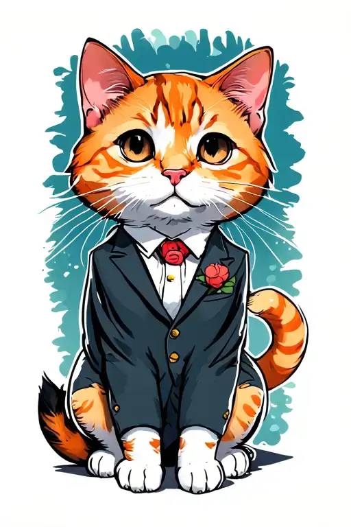 Orange Cat Sitting With A Tiny Suit