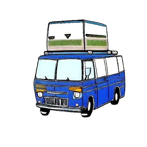 A Blue Travel Van With Luggage On The Roof