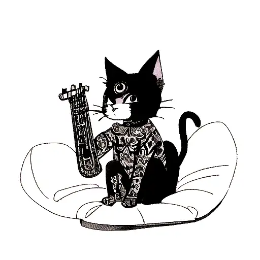 A Blackwork Tattoo Of A Cat Playing A Musical Instrument While Wearing Fashionable Clothes