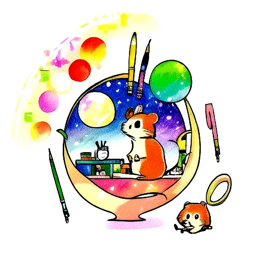 A Cute Hamster Sitting On A Crescent Moon Surrounded By Colorful Paintbrushes And Art Supplies
