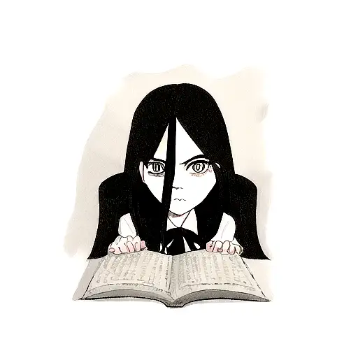 A Portrait Of Wednesday Addams Holding A Book