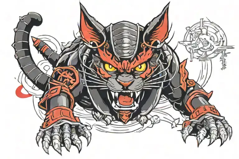 A Black Samurai Cat Whit Angry Red Eyees Committing Harakiri