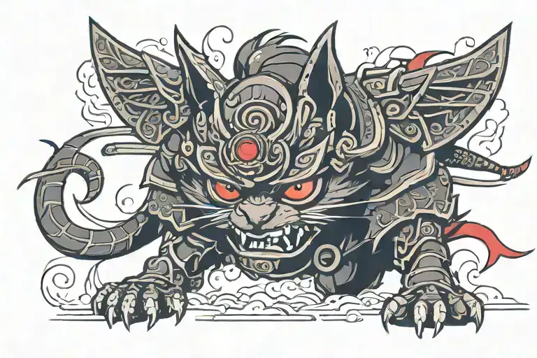 A Black Samurai Cat Whit Angry Red Eyees In Harakiri Style