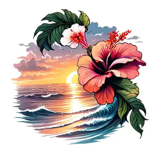A Hibiscus Flower With Ocean Waves In The Background And A Setting Sun