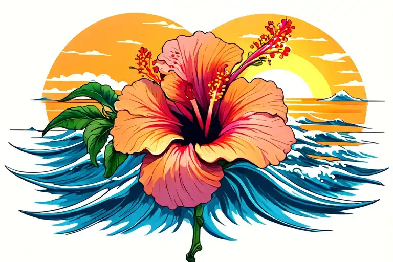 A Hibiscus Flower With Ocean Waves In The Background And A Setting Sun