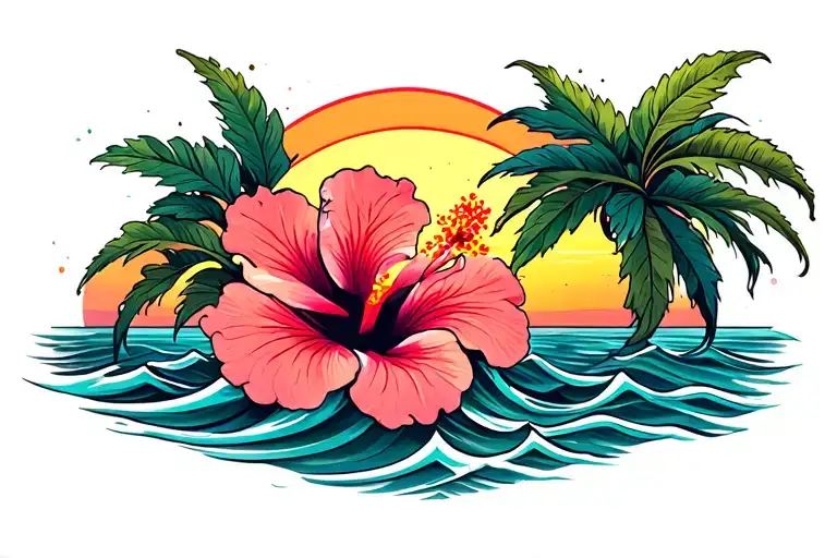 A Hibiscus Flower With Ocean Waves In The Background And A Setting Sun