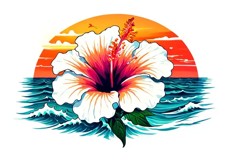 A Hibiscus Flower With Ocean Waves In The Background And A Setting Sun