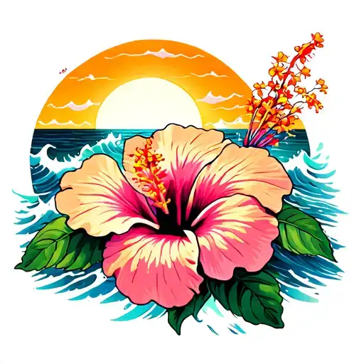 A Hibiscus Flower With Ocean Waves In The Background And A Setting Sun