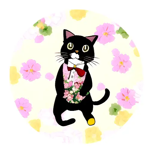 A Whimsical Design Featuring A Cat Dressed As An Anime Character Surrounded By Flowers