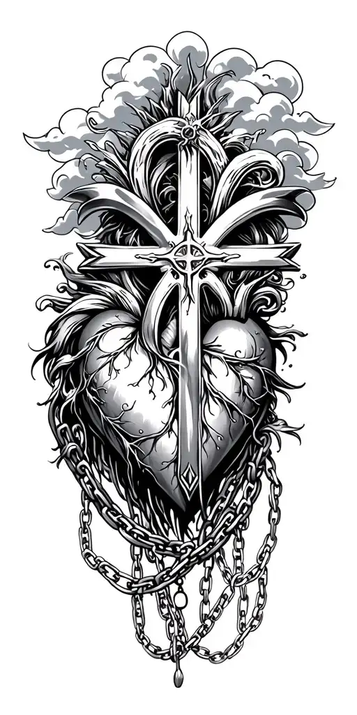 Black And White Gothic Chains To Chromeheart Cross Tatoo With Clouds And Waves