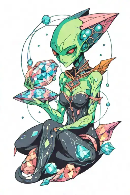Feminine Alien Space Background Holding Crystals Colorful