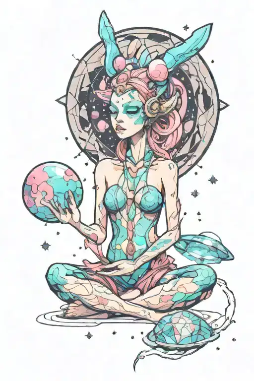 Feminine Alien In Space Meditating With Crystals Colorful