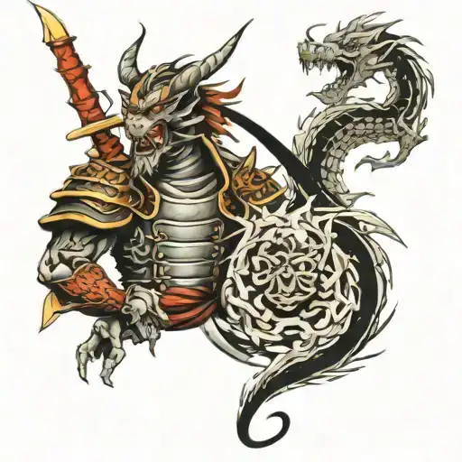 Dragon And Demon Samurai On The Background
