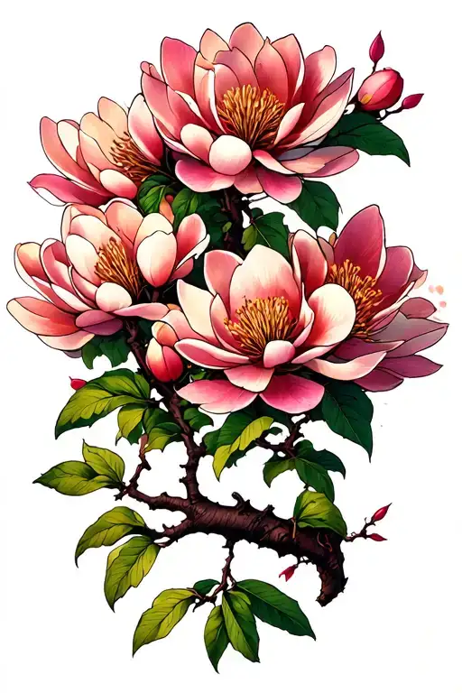 A Magnolia Tree Branch Extending Along The Spine In Soft Realism Style