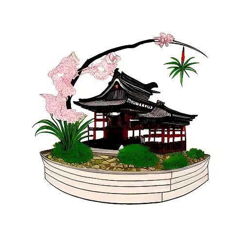Japanese Temple With A Japanese Dragon Flying Above And Orchid Plants At The Bottom