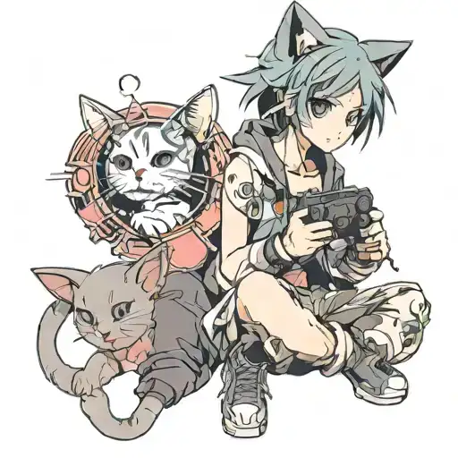 An Anime-inspired Tattoo Of A Character Playing A Video Game With A Cat Companion