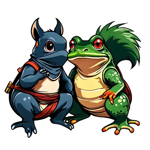 Ninja Squirrel Versus Samurai Frog Sitting