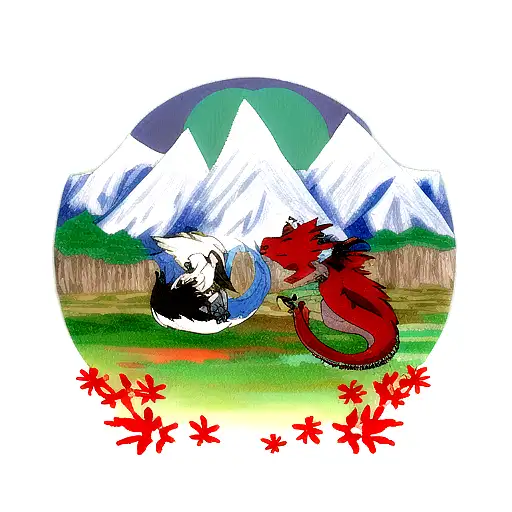 Dragon And Wolf And Mountains