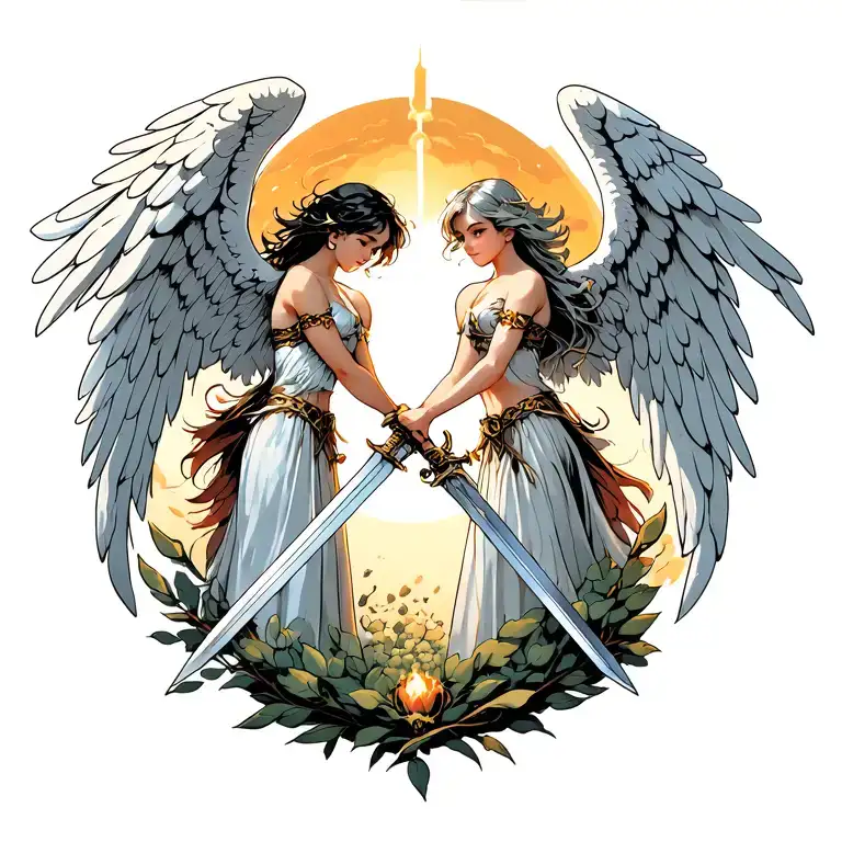 Two Angels Crossing The Swords In The Background